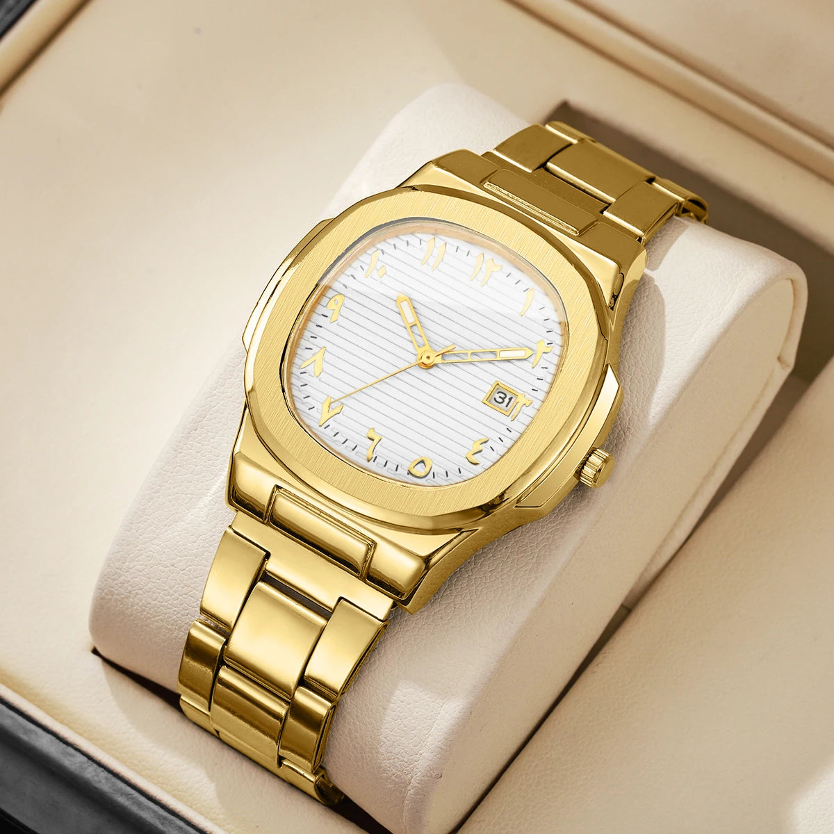Luxury Men Business Watches Fashion Square Dial Stainless Steel Strap Quartz Watch with Calendar For Mens Clock(Without Box)